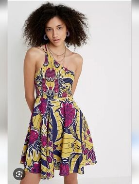 Urban Outfitters One-Shoulder Floral Mini Dress - Yellow, Magenta & Navy